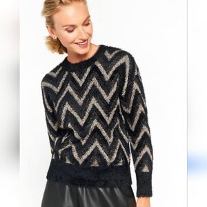 Antropologie JANICE APPAREL Zigzag Eyelash Sweater Black/cream/metallic.0/S NWT